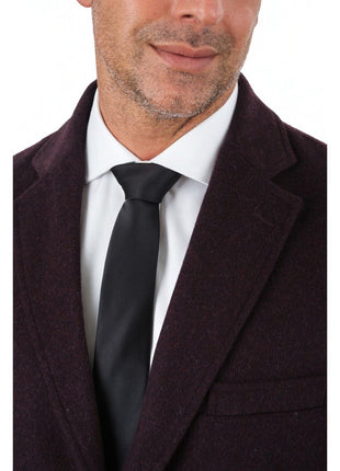 Label E OUTERWEAR Mens Regular Fit Solid Burgundy Full Length Wool Cashmere Overcoat Top Coat