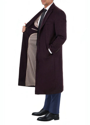 Label E OUTERWEAR Mens Regular Fit Solid Burgundy Full Length Wool Cashmere Overcoat Top Coat