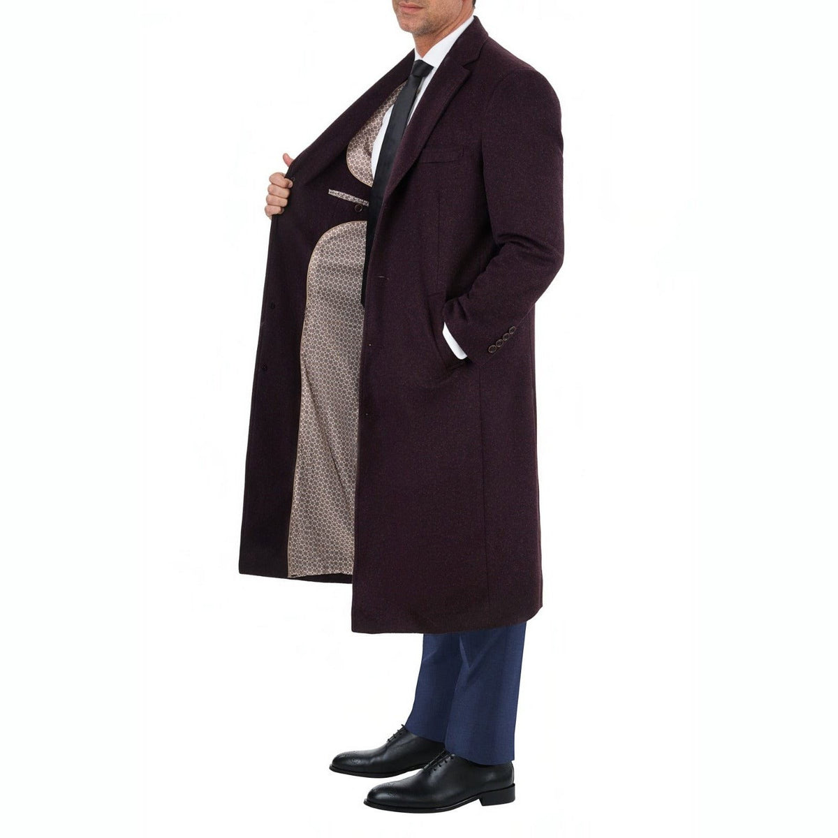 Label E OUTERWEAR Mens Regular Fit Solid Burgundy Full Length Wool Cashmere Overcoat Top Coat