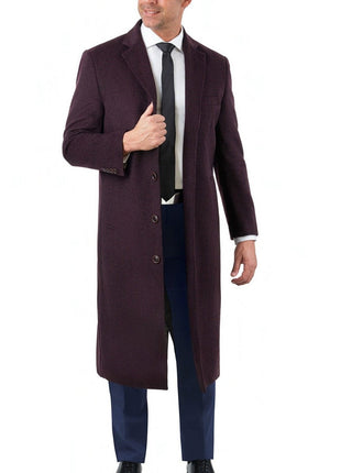 Label E OUTERWEAR Mens Regular Fit Solid Burgundy Full Length Wool Cashmere Overcoat Top Coat