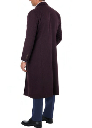 Label E OUTERWEAR Mens Regular Fit Solid Burgundy Full Length Wool Cashmere Overcoat Top Coat