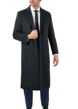 Label E OUTERWEAR Mens Regular Fit Solid Hunter Green Full Length Wool Cashmere Overcoat Top Coat