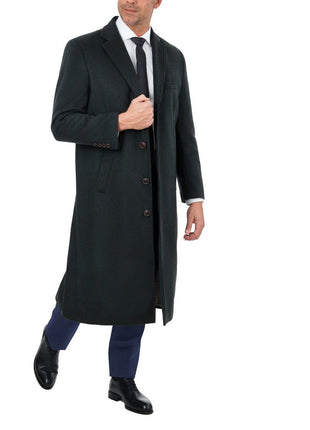 Label E OUTERWEAR Mens Regular Fit Solid Hunter Green Full Length Wool Cashmere Overcoat Top Coat