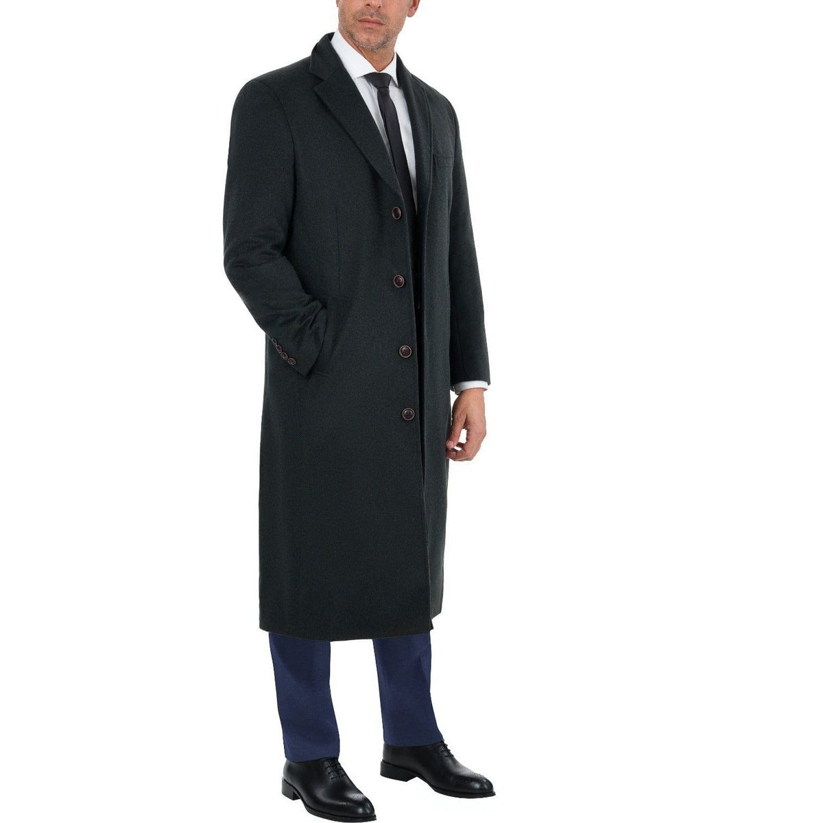 Label E OUTERWEAR Mens Regular Fit Solid Hunter Green Full Length Wool Cashmere Overcoat Top Coat