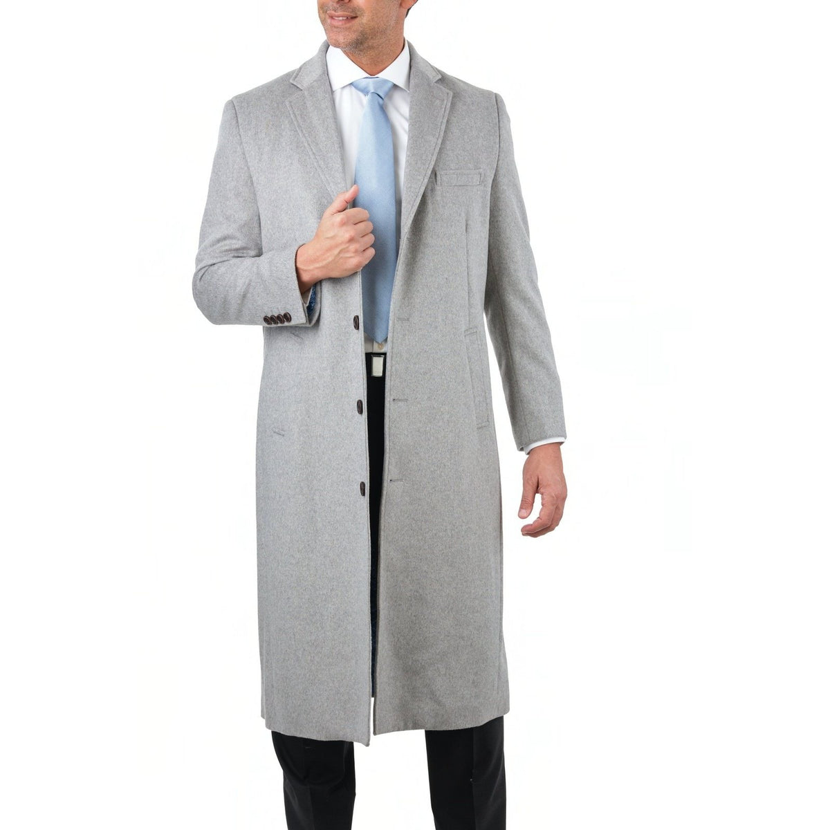 Label E OUTERWEAR Mens Regular Fit Solid Light Gray Full Length Wool Cashmere Overcoat Top Coat