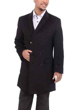 Label E OUTERWEAR Mens Solid Black 3/4 Length Double Breasted Wool Cashmere Overcoat Top Coat