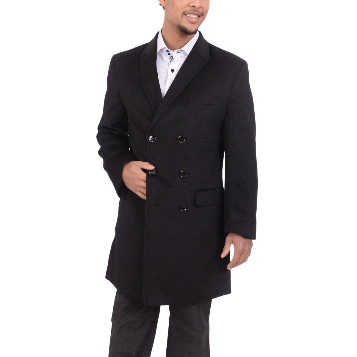 Label E OUTERWEAR Mens Solid Black 3/4 Length Double Breasted Wool Cashmere Overcoat Top Coat