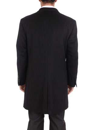 Label E OUTERWEAR Mens Solid Black 3/4 Length Double Breasted Wool Cashmere Overcoat Top Coat