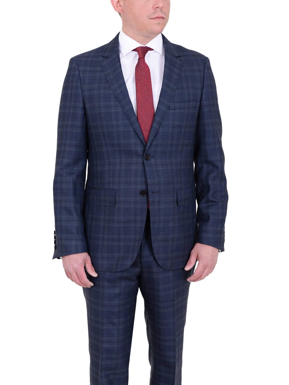 Label E Sale Suits 38S Mens Modern Fit Blue Plaid Two Button Wool Suit