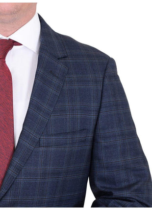 Label E Sale Suits Mens Modern Fit Blue Plaid Two Button Wool Suit