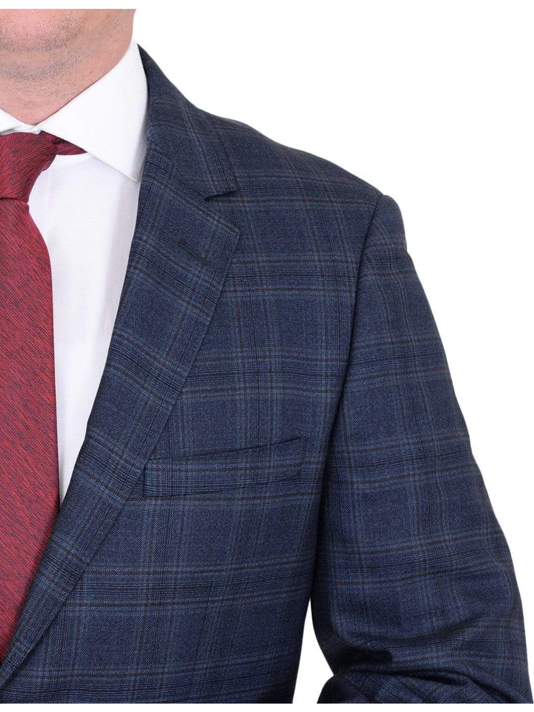 Label E Sale Suits Mens Modern Fit Blue Plaid Two Button Wool Suit