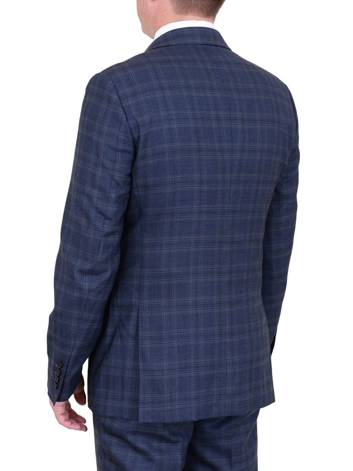Label E Sale Suits Mens Modern Fit Blue Plaid Two Button Wool Suit