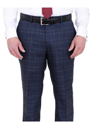 Label E Sale Suits Mens Modern Fit Blue Plaid Two Button Wool Suit