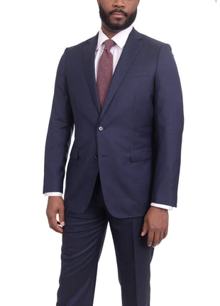 Label E TWO PIECE SUITS 36S Mens Slim Fit Navy Blue Check Two Button Wool Suit