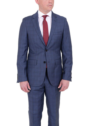 Label E TWO PIECE SUITS 38R Mens Modern Fit Medium Blue Plaid Two Button Wool Suit
