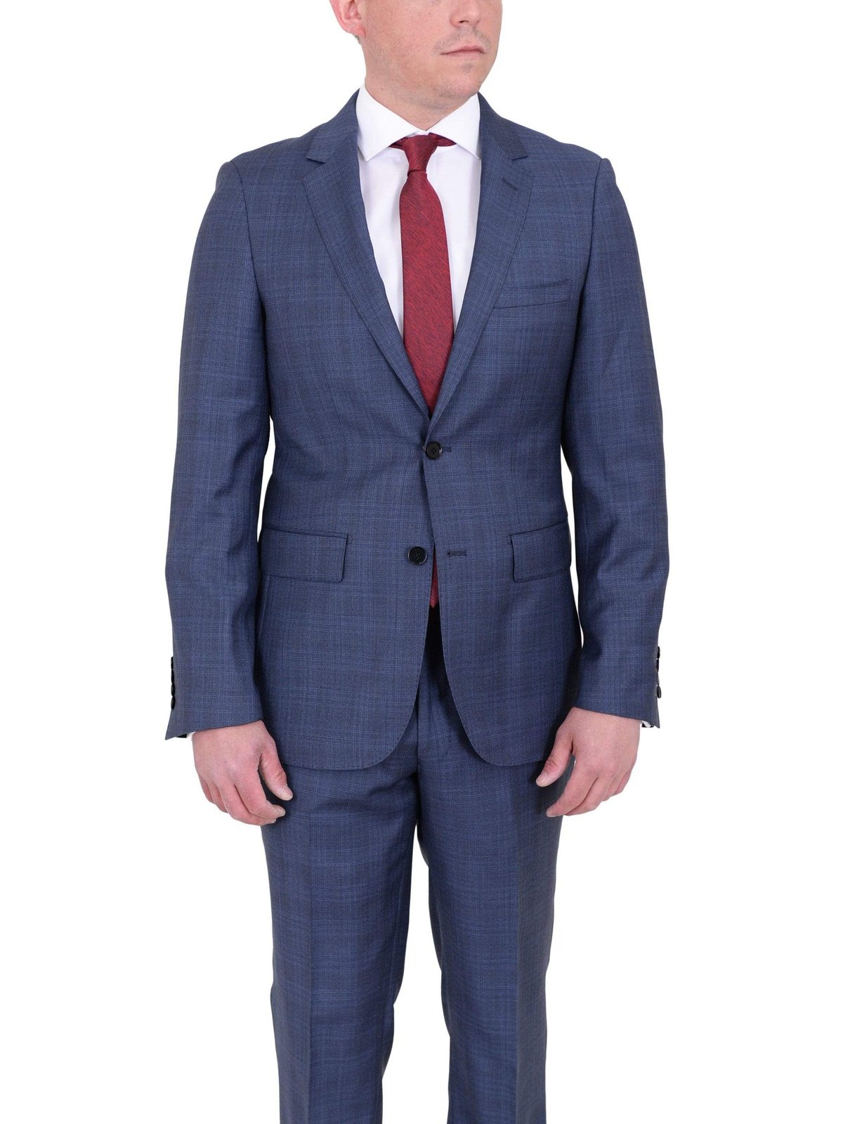 Label E TWO PIECE SUITS 38R Mens Modern Fit Medium Blue Plaid Two Button Wool Suit