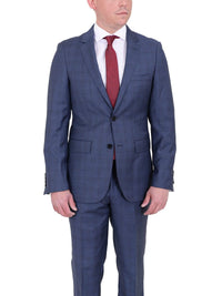 Thumbnail for Label E TWO PIECE SUITS 38R Mens Modern Fit Medium Blue Plaid Two Button Wool Suit