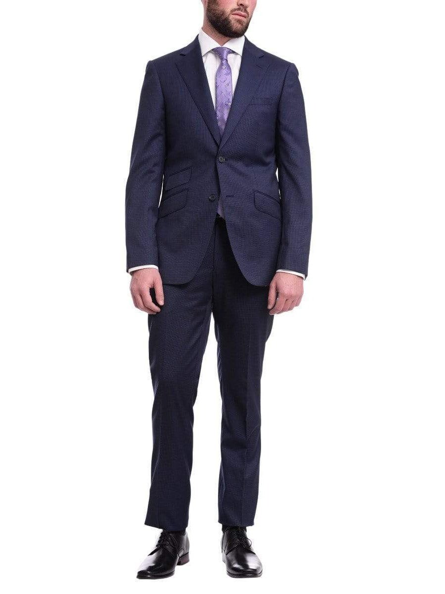 Label E TWO PIECE SUITS 38S Mens Slim Fit Blue Mini Check Two Button Wool Suit
