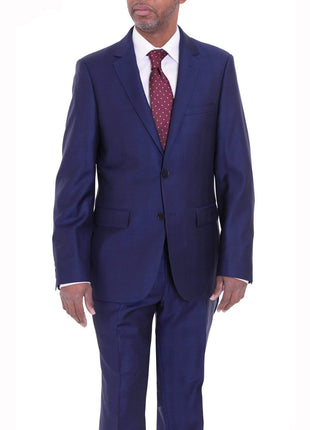 Label E TWO PIECE SUITS 40S Mens Modern Fit Blue Glen Plaid Two Button Wool Suit