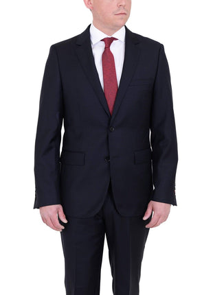 Label E TWO PIECE SUITS 40S Mens Modern Fit Navy Blue Tonal Check Two Button Wool Suit