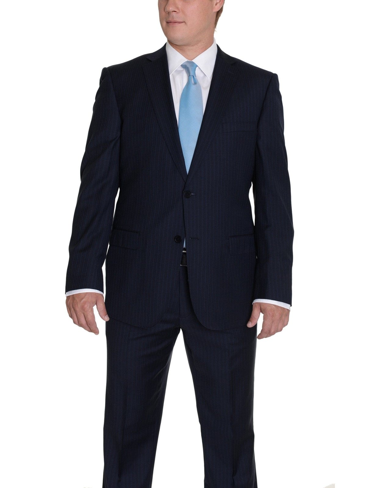 Modern Fit Navy Blue Pinstriped Two Button Wool Suit - The Suit Depot