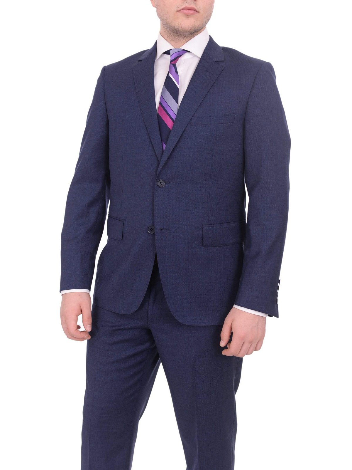 Label E TWO PIECE SUITS 42S Mens Modern Fit Blue Textured Two Button Wool Suit