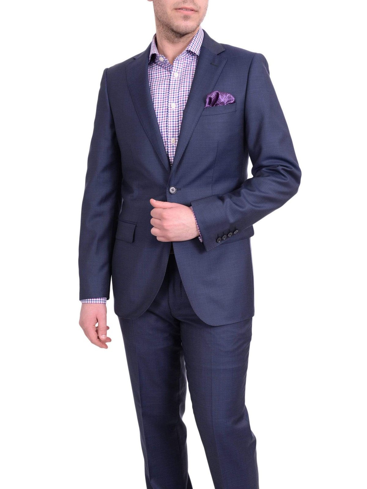 Label E TWO PIECE SUITS 44L Mens Slim Fit Navy Blue Textured Two Button Wool Suit