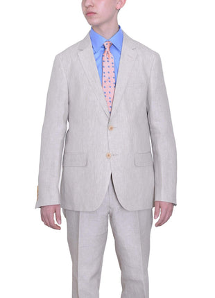 Label E TWO PIECE SUITS 44R Mens Modern Fit Beige Textured Two Button Linen Suit