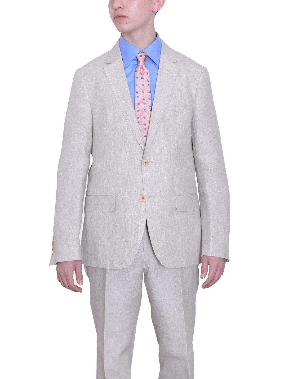 Label E TWO PIECE SUITS 44R Mens Modern Fit Beige Textured Two Button Linen Suit