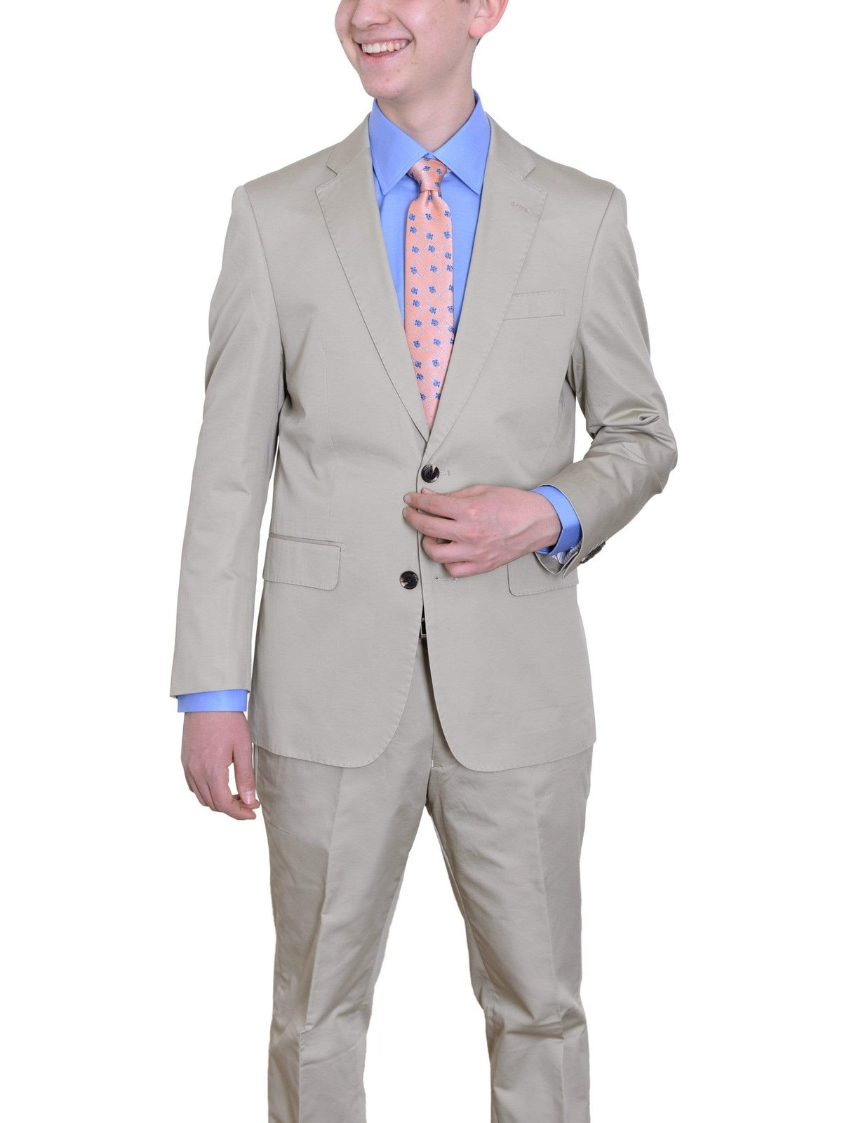 Label E TWO PIECE SUITS 46L Mens Modern Fit Solid Tan Half Lined Two Button Cotton Suit
