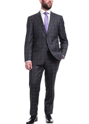 Label E TWO PIECE SUITS Mens Classic Fit Gray With Purple Windowpane Two Button Wool Suit