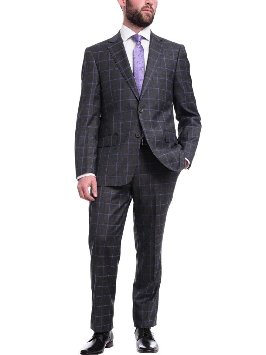 Label E TWO PIECE SUITS Mens Classic Fit Gray With Purple Windowpane Two Button Wool Suit