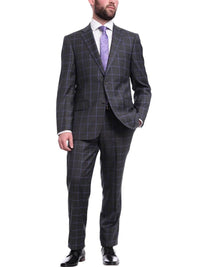 Thumbnail for Label E TWO PIECE SUITS Mens Classic Fit Gray With Purple Windowpane Two Button Wool Suit