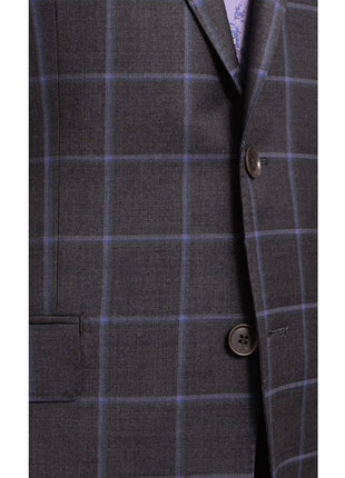 Label E TWO PIECE SUITS Mens Classic Fit Gray With Purple Windowpane Two Button Wool Suit