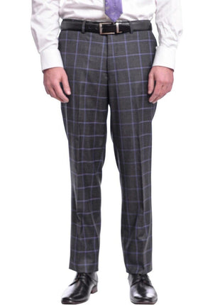 Label E TWO PIECE SUITS Mens Classic Fit Gray With Purple Windowpane Two Button Wool Suit