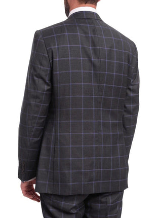 Label E TWO PIECE SUITS Mens Classic Fit Gray With Purple Windowpane Two Button Wool Suit