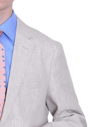 Label E TWO PIECE SUITS Mens Modern Fit Beige Textured Two Button Linen Suit