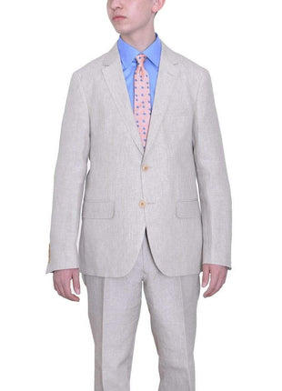 Label E TWO PIECE SUITS Mens Modern Fit Beige Textured Two Button Linen Suit