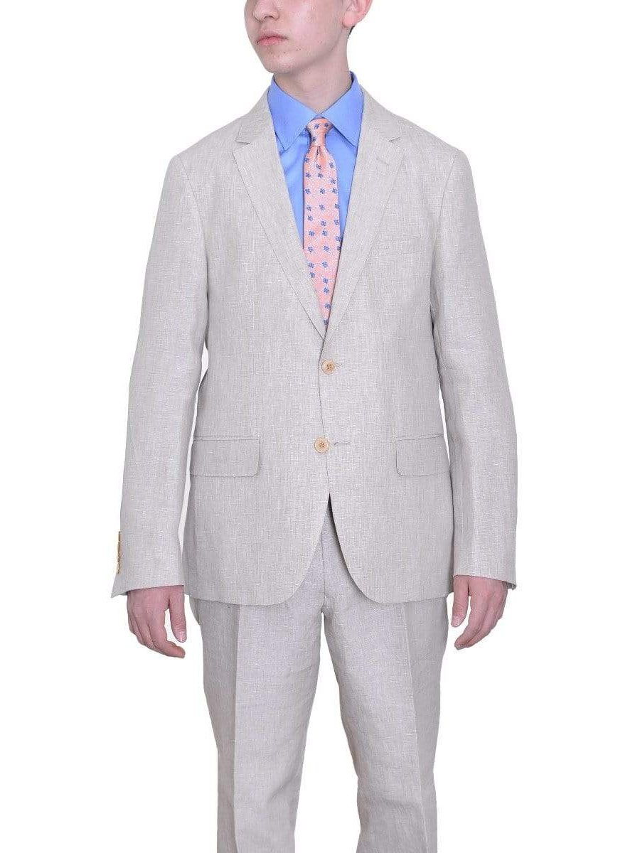 Label E TWO PIECE SUITS Mens Modern Fit Beige Textured Two Button Linen Suit