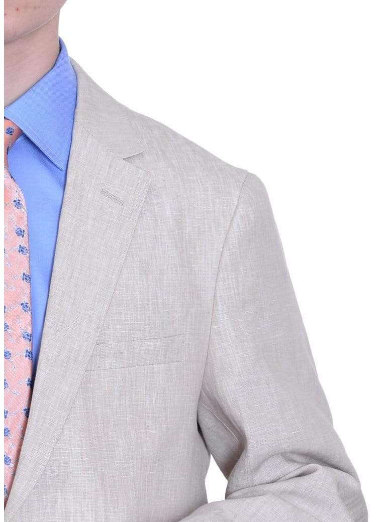 Label E TWO PIECE SUITS Mens Modern Fit Beige Textured Two Button Linen Suit