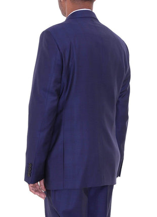Label E TWO PIECE SUITS Mens Modern Fit Blue Glen Plaid Two Button Wool Suit