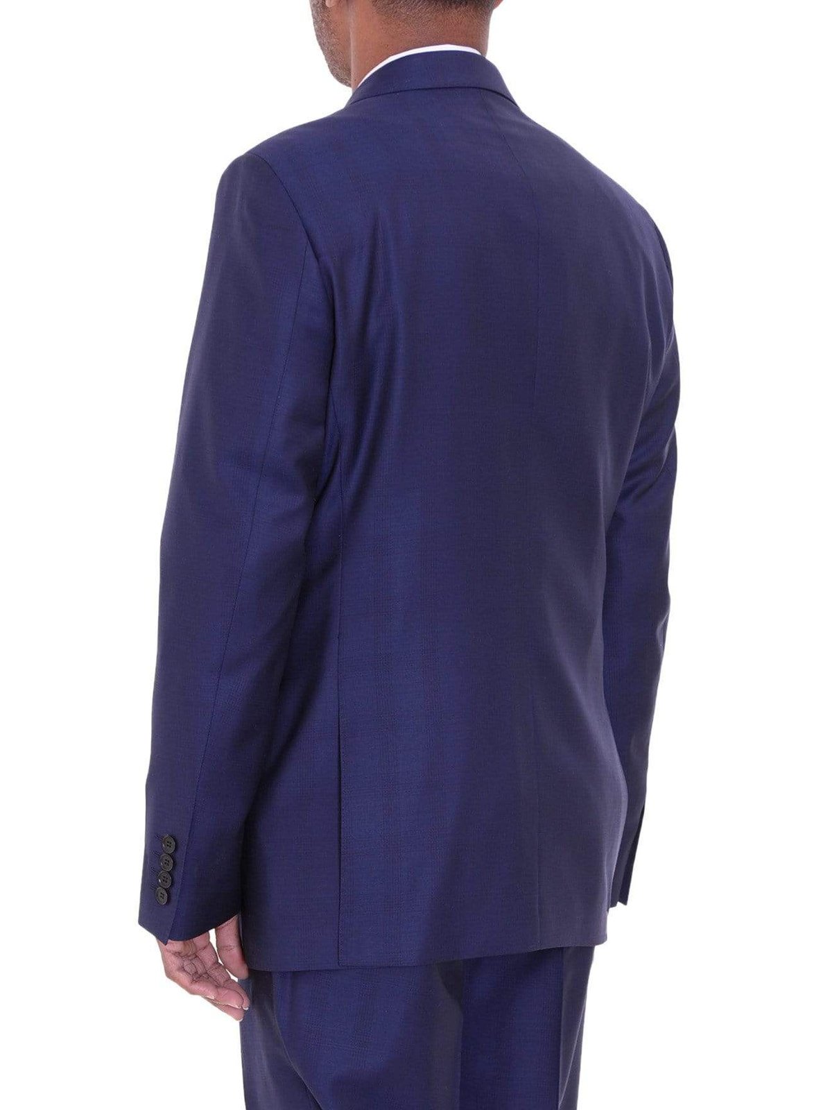 Label E TWO PIECE SUITS Mens Modern Fit Blue Glen Plaid Two Button Wool Suit