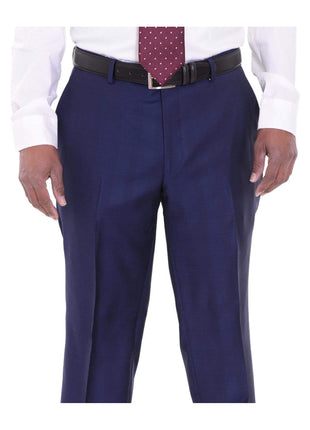 Label E TWO PIECE SUITS Mens Modern Fit Blue Glen Plaid Two Button Wool Suit