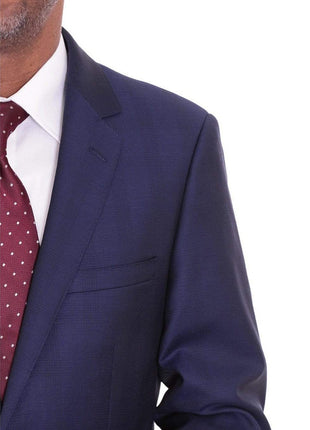 Label E TWO PIECE SUITS Mens Modern Fit Blue Glen Plaid Two Button Wool Suit