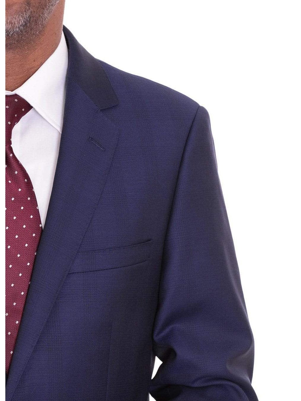 Label E TWO PIECE SUITS Mens Modern Fit Blue Glen Plaid Two Button Wool Suit