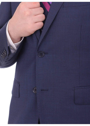 Label E TWO PIECE SUITS Mens Modern Fit Blue Textured Two Button Wool Suit