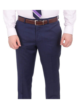 Label E TWO PIECE SUITS Mens Modern Fit Blue Textured Two Button Wool Suit