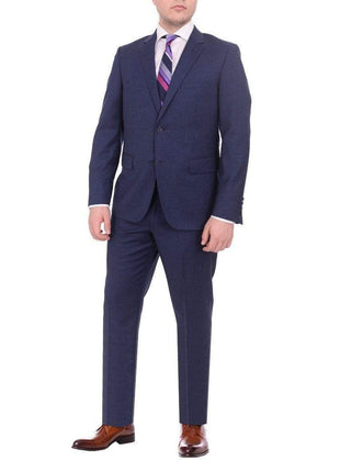 Label E TWO PIECE SUITS Mens Modern Fit Blue Textured Two Button Wool Suit