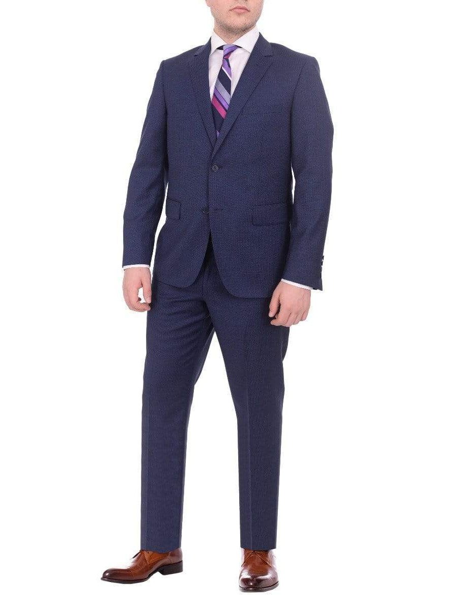 Label E TWO PIECE SUITS Mens Modern Fit Blue Textured Two Button Wool Suit