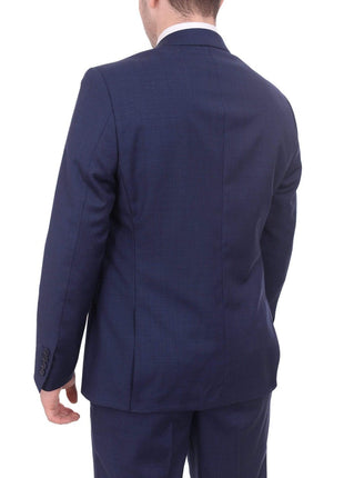 Label E TWO PIECE SUITS Mens Modern Fit Blue Textured Two Button Wool Suit